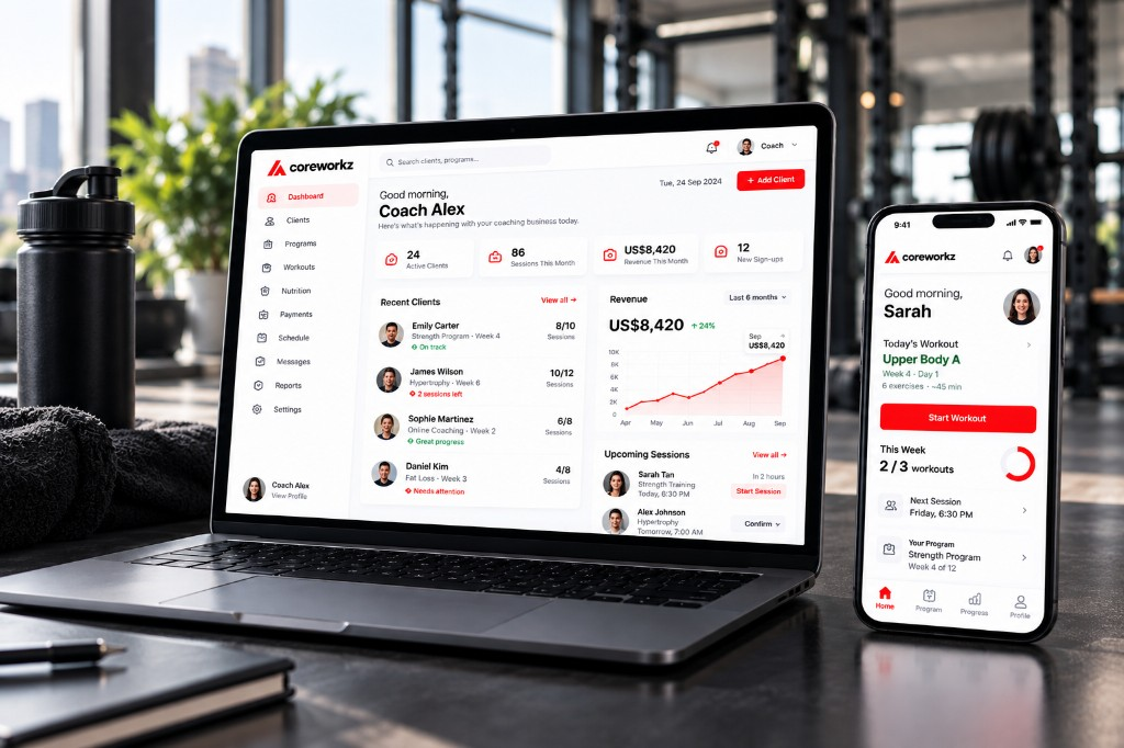 Coreworkz trainer dashboard and client app